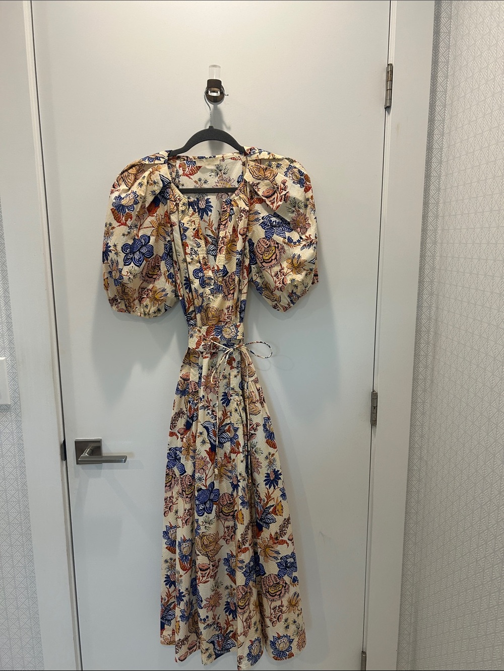 Ulla Johnson Floral Puff-Sleeve Midi Dress in Cream and Blue with belt & pockets
